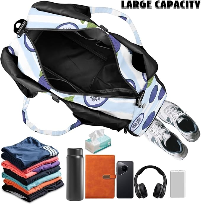 Blueberry Print Womens Gym Bag with Yoga Mat Holder and Shoe Compartment, Waterproof Portable Blue Sport Tote Bag for Women with Spacious Wet Pockets Gym Bag for Daily Use