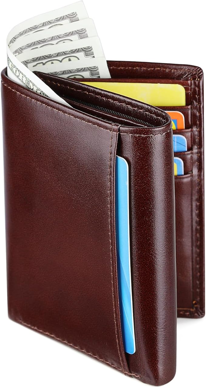 Trifold Mens Wallet with Chain, Genuine Leather Wallet RFID Blocking Anti-Theft Chain for Biker