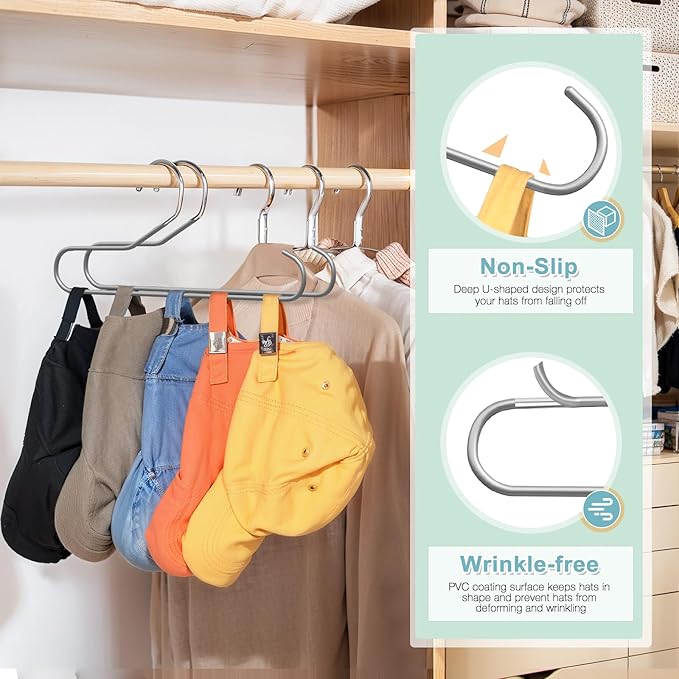 Hat Storage Organizer for Baseball Caps, Lomrsiul Non Slip PVC Coating Hat Rack Hangers for Closet Hat Holder Max 10 Hats Closet Organizers and Storage for Cap Purse Belt Tie Bra Grey 2 Pack
