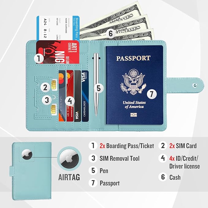 Passport Holder with Airtag Slot Cards Cash Air Ticket Pocket, Travle Gifts for Women Men RFID Blocking Wallet, Passport Book Cover Case Light Cyan