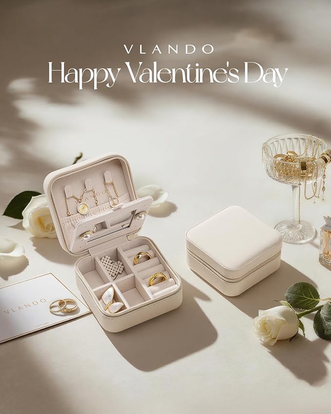 Vlando Bridesmaid Gifts - Small Travel Jewelry Box Organizer - Wedding Gifts for Girls Women Rings Earrings Necklaces Storage with Mirror - Milky White