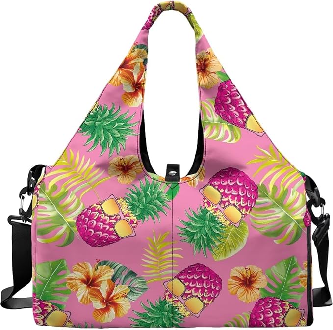 Gym Bag with Shoes Compartment, Pineapple Gym Bags for Women with Yoga Mat, Detachable Strap, Ventilated Lightweight Overnight Bag