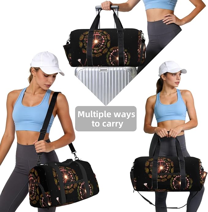 Starry Dandelion Print Gym Bag with Shoe Compartment for Women Men, 17.7in Sports Duffle Weekender Tote, Overnight Travel Duffel Bag Carry On