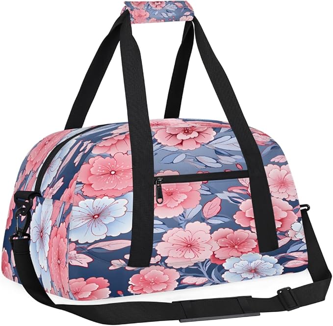 Gym Bag for Women Men, Pink Blue Floral Dark Background Travel Duffle Bags for Dance Ballet Overnight, Carry-On Weekender Bag with Detachable Shoulder Strap