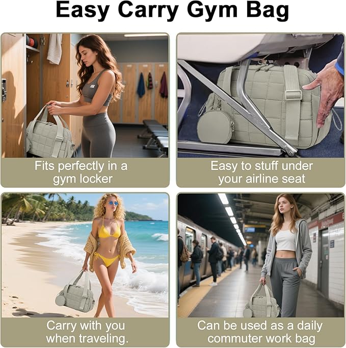 CAMTOP Mini Gym Bag for Women, Small Gym Tote Bag Puffy Quilted Sports Duffel Bag with Wet Compartment and Coin Purse Duffel Bags Dance Yoga Workout Bag for Gifts (Green, Mini-12.6")