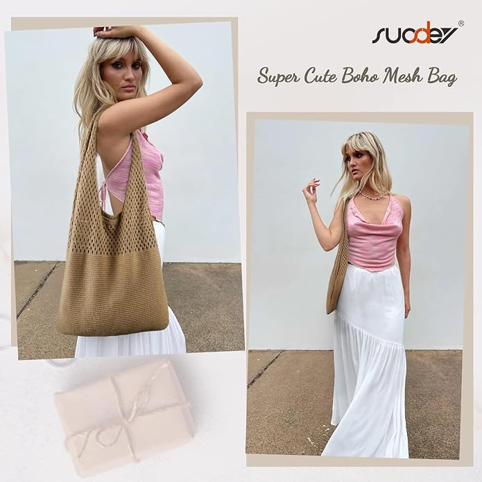 Beach Tote Bag for Women, Crochet Boho Aesthetic Mesh Shoulder Summer Vacation