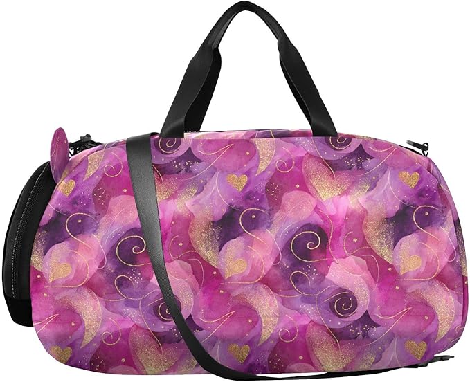 Watercolor Golden Lines Peach Hearts Gym Duffel Bag with Shoes Compartment Large Capacity Weekend Travel Bag for Travel, Sports, Fitness & Workout bulto de viaje