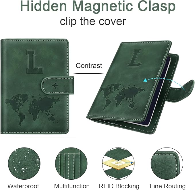 Personalized L Passport Holder Cover Initial Letter Travel Wallet RFID Blocking Passport Cover Credit Card Holder Case Passport Book Holders for Women and Men, Pine Green-L
