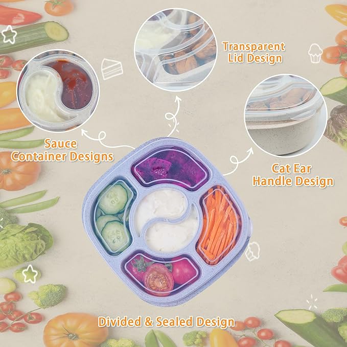 4 Pack Snack Containers, 6 Compartments Snack Box Containers with Lids, Reusable Meal Prep Lunch Containers BPA-Free, Divided Food Storage Containers for Work Travel