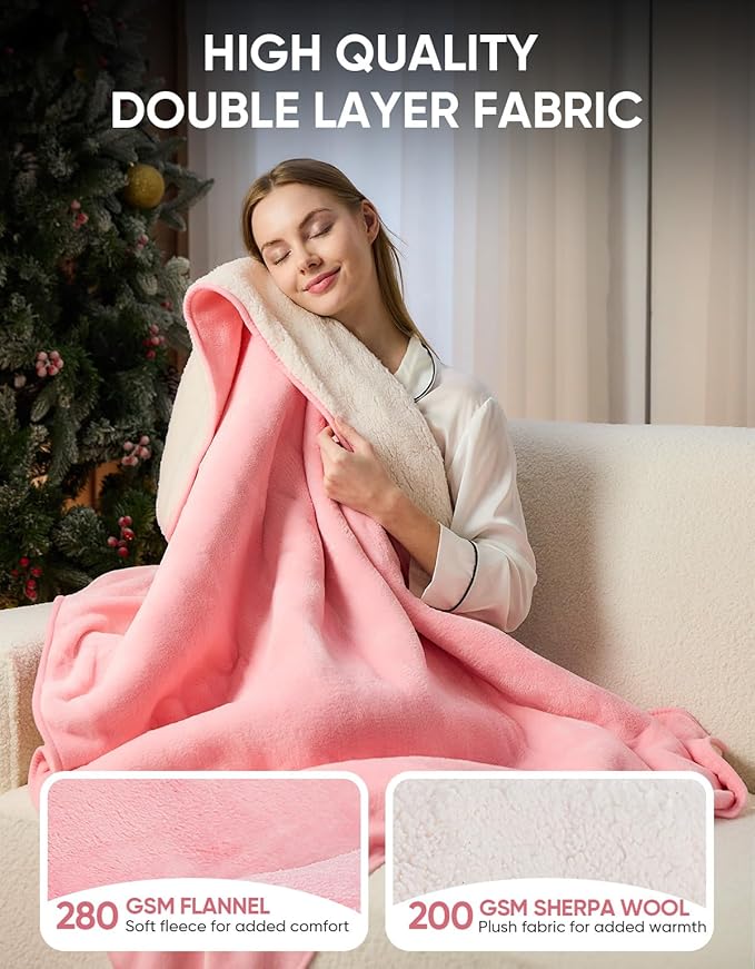 12V/24V Heated Car Blanket, Electric Blanket Flannel Heating Throw for Car, SUV, RV, or Camping, 60" x 44", Hi/M/Lo Heating Settings, Auto-Off Timer,Pink