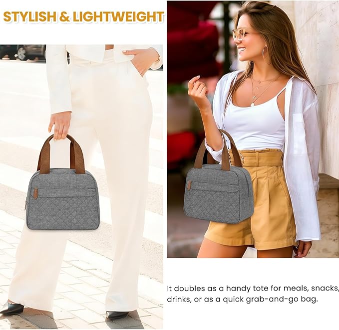 Insulated Lunch Bag for Women, Portable Lightweight Lunch Box for Adults, Reusable Small Lunch Tote Cooler Bags with Front Zipper Pocket for Work School Picnic(Gray)