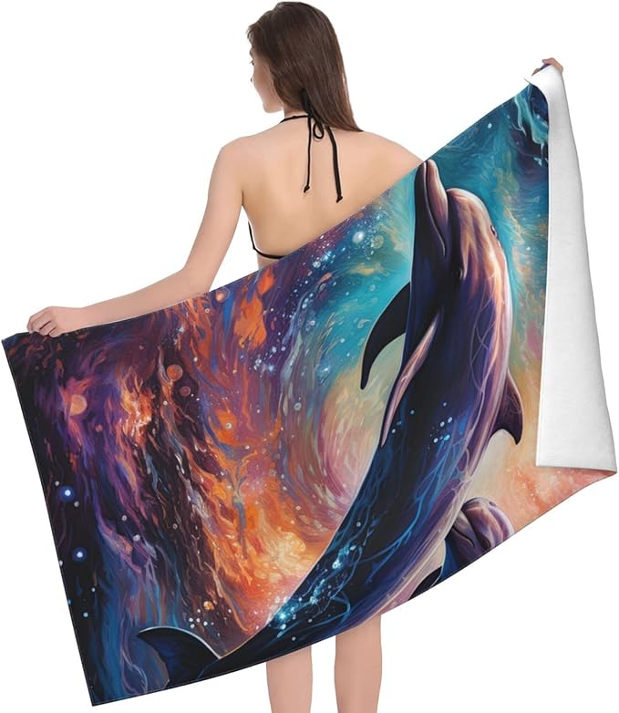 Microfiber Beach Towel, Galaxy Dolphin Beach Towels 32x52in,Quick Dry, Sand Free, Ultra Soft & Oversized Towel for Travel, Outdoor, Bathroom, Swimming - Ideal for Pool, Camping, Yoga, or Gift Decor