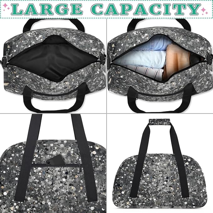 Silver Glitter Pattern Gym Travel Duffle Bag for Women & Men with Front Zipper Pocket for Sports, Overnight, Weekender, Carry On,Workout & Dance Bag,Glitter and Sequins,18.9 * 8.7 * 10.6 in
