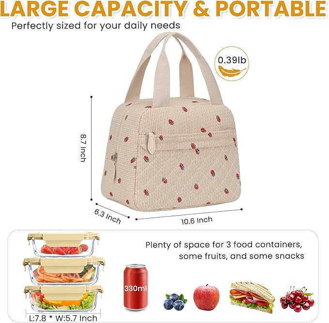 Insulated Lunch Bag for Women, Portable Lightweight Lunch Box for Adults, Reusable Lunch Tote Cooler Bags with Front Zipper Pocket for Work School Picnic,Corduroy Strawberry,Large