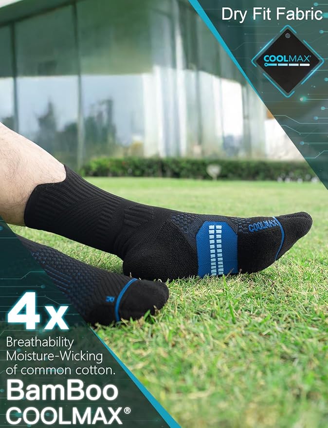 Compression Running Socks, Bamboo Viscose Coolmax Moisture-Wicking Anti-Blister Athletic Hiking Workout Gym Padded