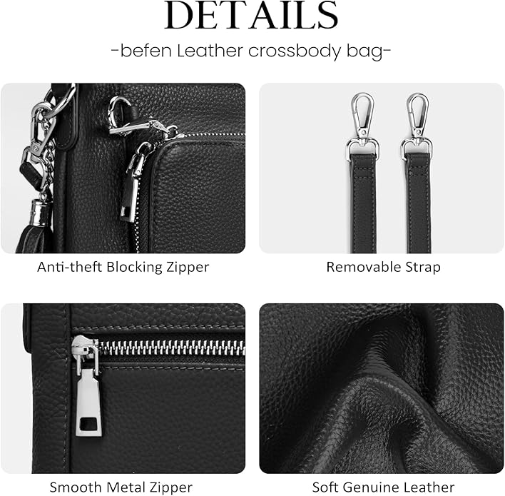 befen Anti Theft Genuine Leather Crossbody Bags for Women Handbags and Shoulder Basg with Built in Wallet RFID Leather Purse