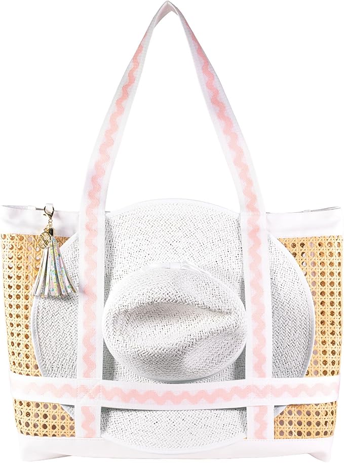 Lilly Pulitzer Large Travel Tote Bag with Hat Holder Strap, Caning Beach Bag with Tassel Keychain (Lilly Garden Home)