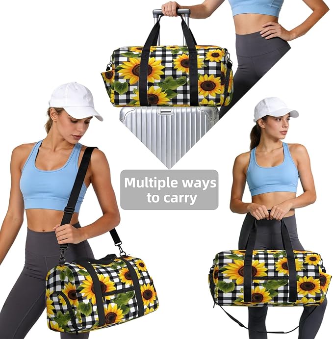 Sports Gym Bag Sunflowers Gingham Travel Duffel Bag With Shoe Compartment Shoulder Strap, Lightweight Water-Resistant Weekend Overnight Totes For Women Men
