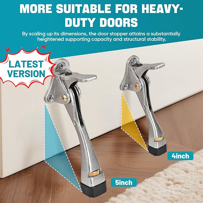 Kickdown Door Stopper 5 Inches - 2 Packs Door Stoppers for Bottom of Door One Touch Adjustable Door Stop，Made of Aluminum Alloy Metal Heavy Duty Door Stops with Rubber Tip Satin Nickel