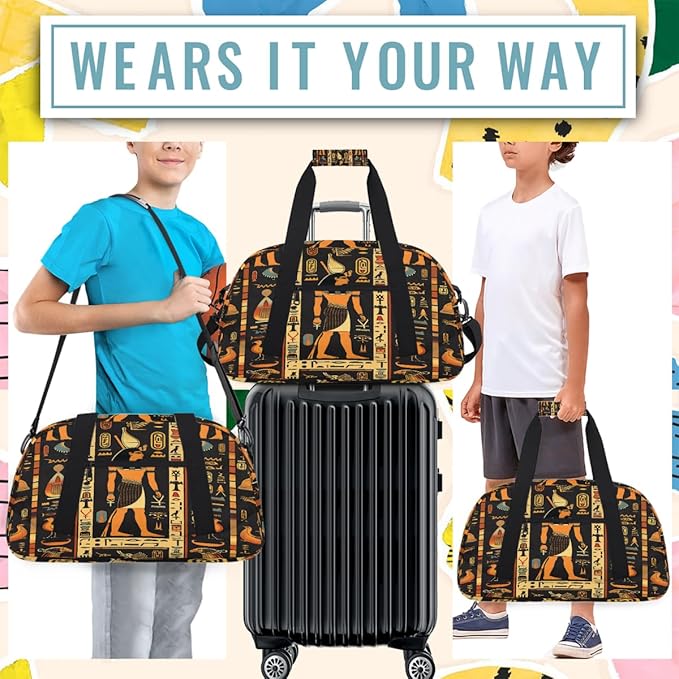 Travel Duffle Bag, Egyptian Hieroglyphs Waterproof Weekender Overnight Bags for Women Men Lightweight Carry on Duffle Gym Bag for Travel, Sports, Fitness, Workout