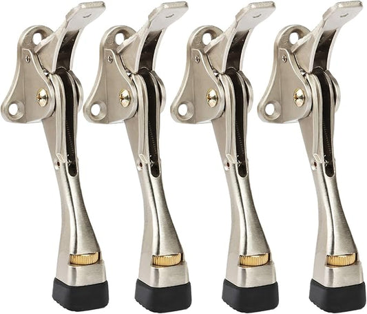Kickdown Door Stopper 4 Inches - 4 Packs One Touch Adjustable Height Door Stop for The Bottom of Door Aluminum Alloy Metal Door Stopper with Rubber Tip & Wall Protectors for Wide Doors Satin Nickel