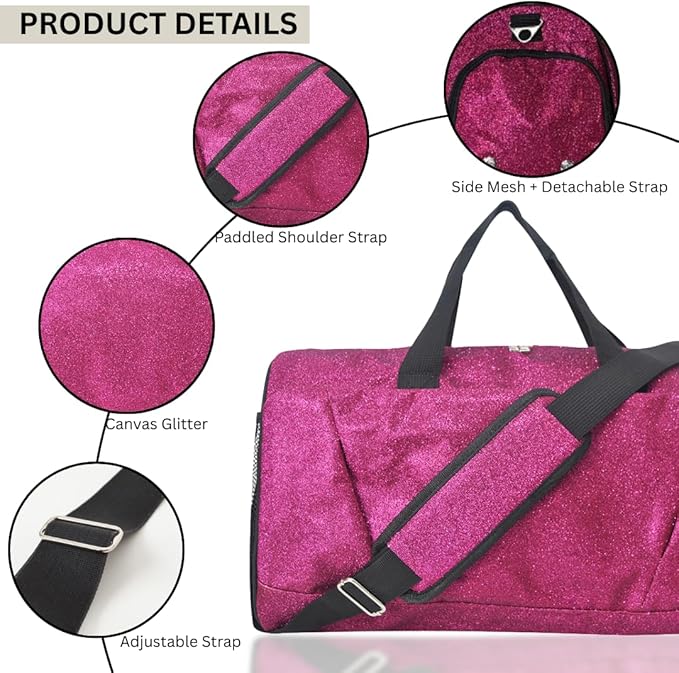 NGIL Glitter Cheers Sports Gym Duffel with Shoe Compartment and Small Carry on Travel Tote Bags for Women, Gym bag, Overnight bags for Women, Cheer Bag (Glitter-Hot Pink)