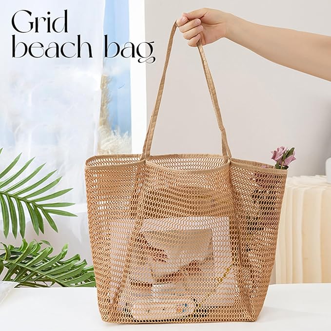 Large Beach Bags for Women, Mesh Beach Tote with Zipper, Foldable Pool Tote Bag Travel Beachbag Waterproof Sandproof