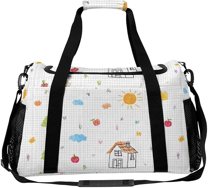 Cute Drawing Grid Paper Duffle Bag Gym Bag for Workout Travel Tote with Detachable Straps