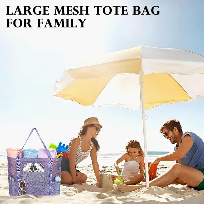 Mesh Beach Bag, Large Beach Tote with Zipper Pocket, Toys Pool Bag for Family Travel Vacation Cruise Essentials