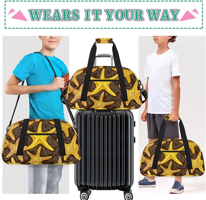 Golden Starfish Gym Travel Duffle Bag for Women & Men with Front Zipper Pocket for Sports, Overnight, Weekender, Carry On,Workout & Dance Bag,Starfish,18.9 * 8.7 * 10.6 in