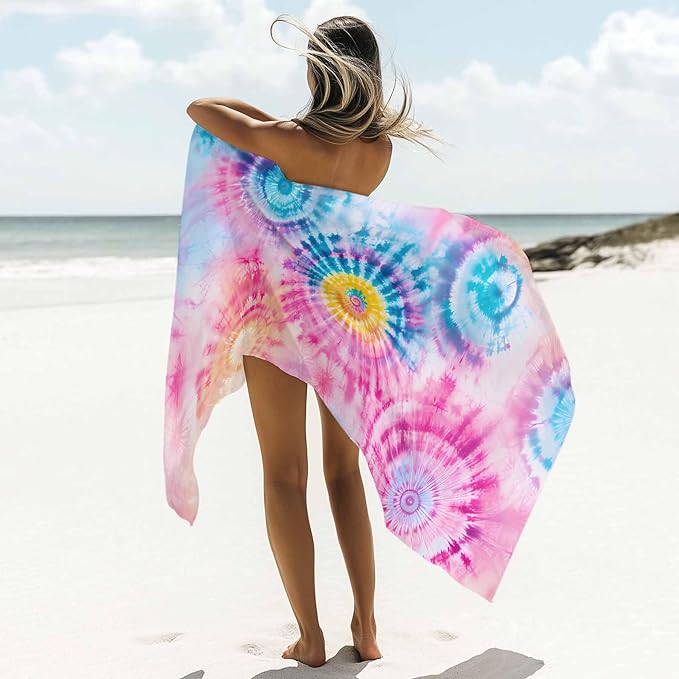 Abstract Tie-Dye Art Beach Towel 35" x 71" Pink Teal Gradient Watercolor Quick Dry Sand Free Pool Towels Soft & Absorbent Compact Towels Beach Accessories for Travel Bathroom Swimming Pool