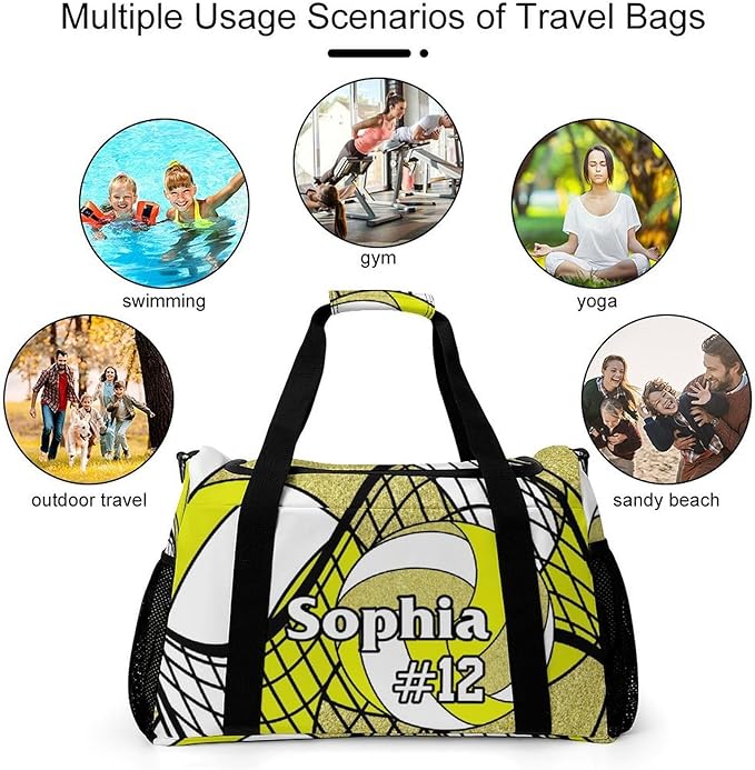 Custom Volleyball Yellow Gold Duffel Bag with Name Personalized Travel Bags Sport Gym Bag Carry On Weekender Bags for Men Women