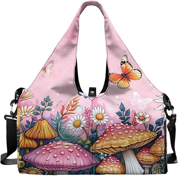 Small Duffle Bag for Women with Yoga Mat Holder, Mushroom Workout Bag with Inner Pocket, Shoe Compartment, Weekend Bag Ventilated Lightweight Totes for Birthday Gift