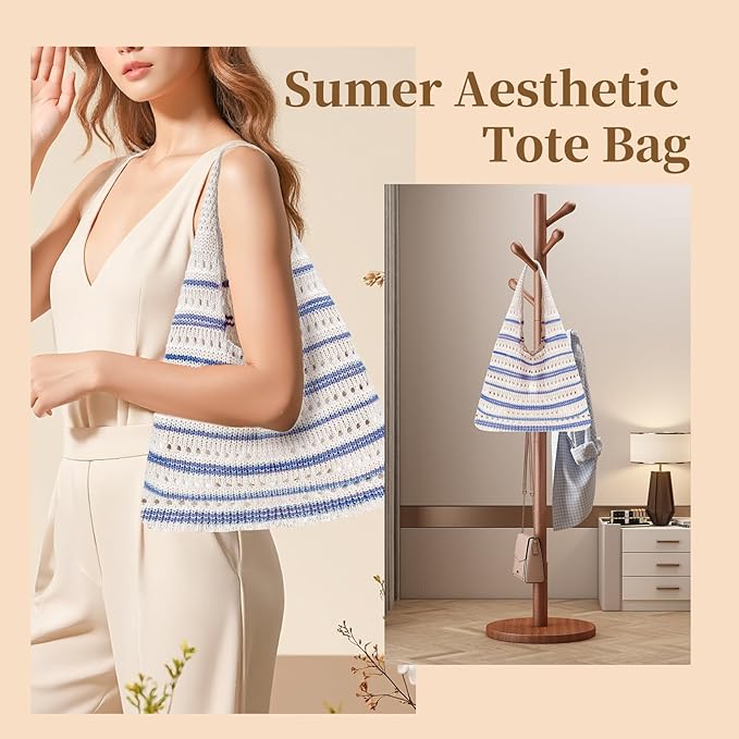 Sightor Crochet Tote Bag, Mesh Beach Bag Knit Summer Hobo Bag Vacation Boho Tote Bag for Women