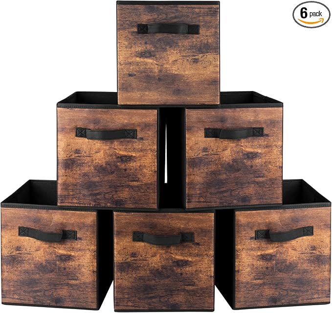 EWES 11 Inch Fabric Storage Cubes, 6 Pack Foldable Storage Bins with Handle, Storage Baskets Box for Shelves, Closet, Organizer, Brown Black