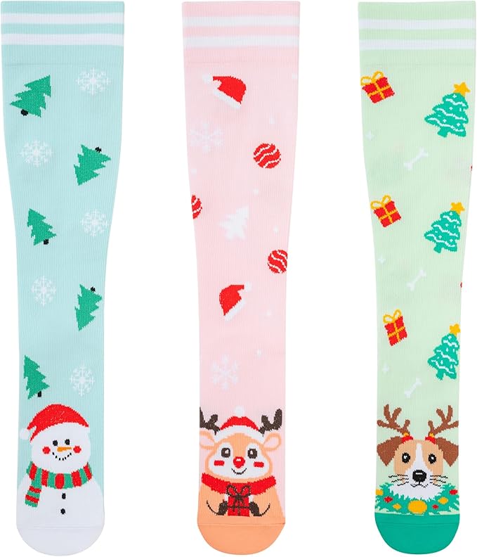 fenglaoda 3 Pairs Compression Socks for Women & Men Knee High Nurse Pregnant Cute Medical Running Travel Athletic