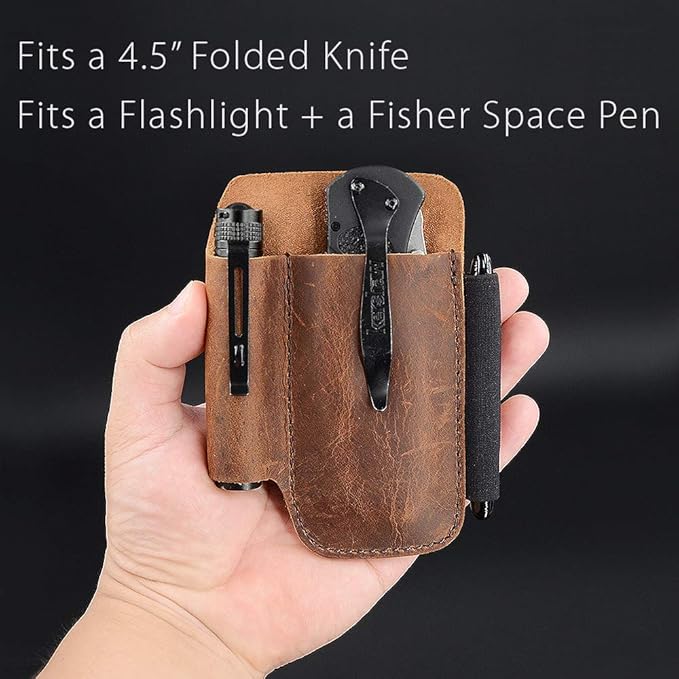 diodrio EDC Leather Knife Sheath Organizer Pouch with Pen Loop, Full Grain Leather, Chestnut