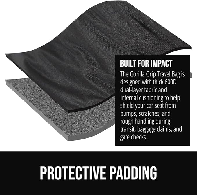 GORILLA GRIP Tear and Water Resistant Padded Car Seat Travel Bag for Airplane and Airport, Universal Fit Baby Carseat Bags, Holds Up to 50lbs, Handle & Shoulder Straps, Air Gate Check Carrier, Black