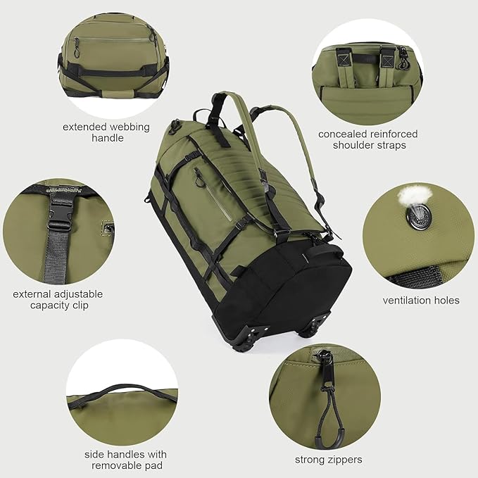 Rolling Duffle Bag with Wheels,86L 30”Folding Duffle Backpack with 2 Wheels,Travel Bag with Separate Shoe Compartment (Green)