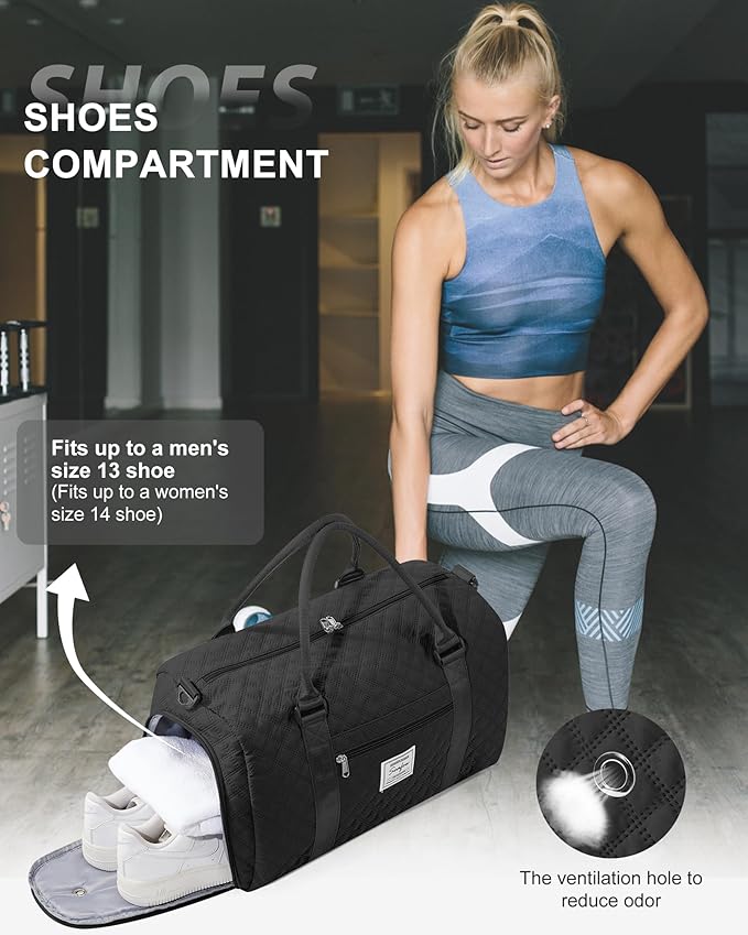 Gym Duffle Bag for Women with Shoe Compartment Waterproof Travel Tote Bags Personal Item Carry On Weekender Overnight Bags with Toiletry Bag Swimming Yoga Bags Hospital Holdalls Black