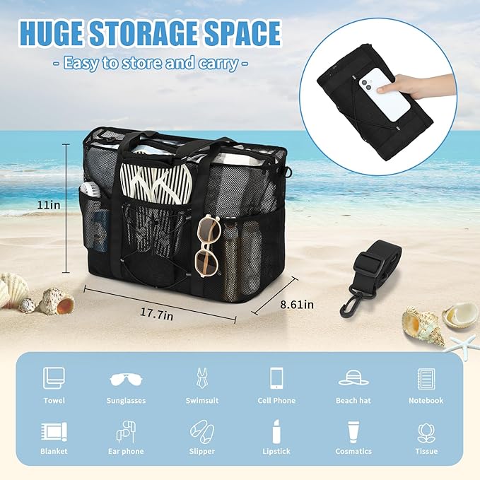Mesh Beach Bag, Foldable Extra Large Beach Bags with Zipper Pool Bag with Portable Phone Pouch for Vacation Pool