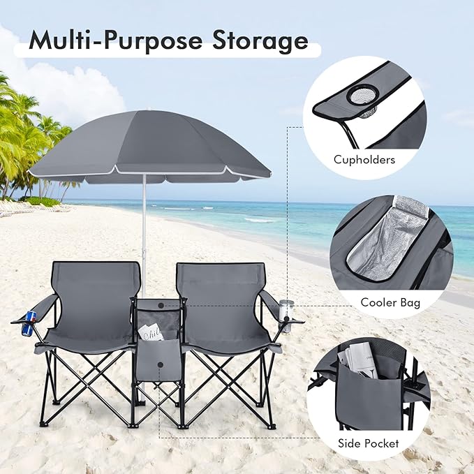 KOTEK Double Camping Chair, Folding Camp Chair with Removable Umbrella, Cup Holders, Cooler Bag, Side Pocket & Carry Bag, 2-Person Beach Chair for Outdoor, Sports, Concerts, Travel, Picnic (Grey)
