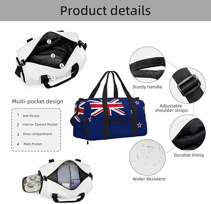 New Zealand Flag Print Gym Bag with Shoe Compartment for Women Men, 17.7in Sports Duffle Weekender Tote, Overnight Travel Duffel Bag Carry On