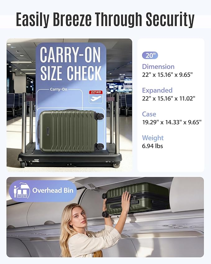 LIGHT FLIGHT Expandable Carry On Luggage 22x14x9 Airline Approved with Double Spinner Wheels, 20 Inch Lightweight Hard Shell Rolling Suitcases with TSA Lock, Olive