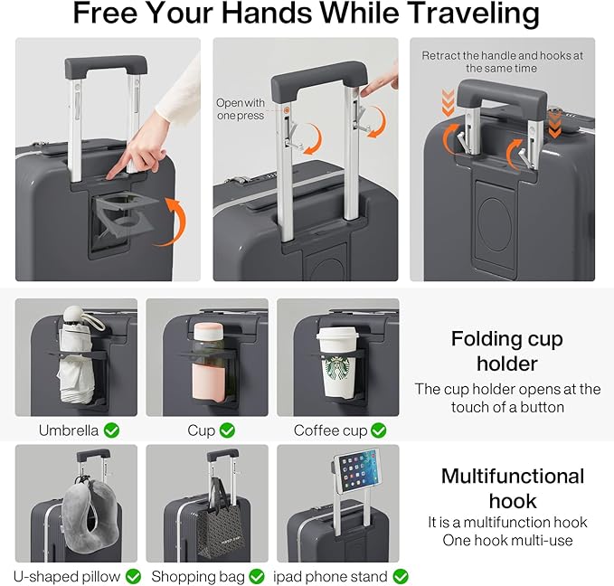 mixi 2-Piece Luggage Sets with Cup Phone Holder and Charger Hard Shell Suitcases with Spinner Wheels, 20+26 Rock Gray