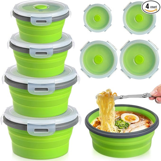 Suclain 4 Pcs Collapsible Bowls with Lids Silicone Camping Food Storage Container Expandable Folding Salad Lunch Box Travel Container for Hiking Camping