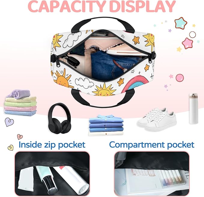 Sun Rainbow Cartoon Travel Duffle Bag for Women Men, Overnight Weekender Bag, Carry on Tote for Sport Gym