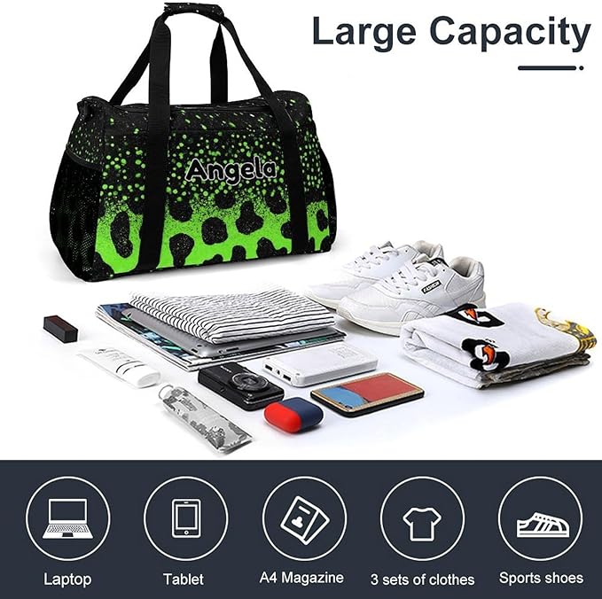 Green Leopard Bling Print Personalized Travel Bag with Name for Women Men Custom Duffel Bag Weekender Bags Sports Tote Gym Bags