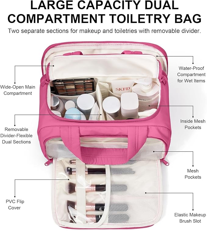 Travel Toiletry Bag for Women, Lightweight Large Quilted Puffy Makeup Bag Wide-open Make up Organizer Cloud Cosmetic Bag w/Handle for Traveling, Toiletries Essentials Accessories Rose Pink