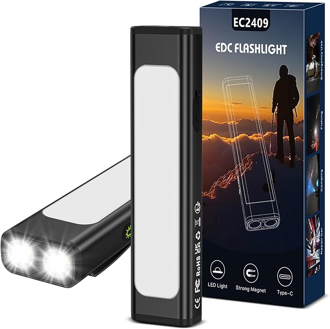 Pocket Flashlight, 1200 Lumens Rechargeable EDC Flashlight with Clip, USB-C Port, 3 Modes Waterproof Warning Light for Working, Camping, Repairing, Emergencies(Black, 1PCS)
